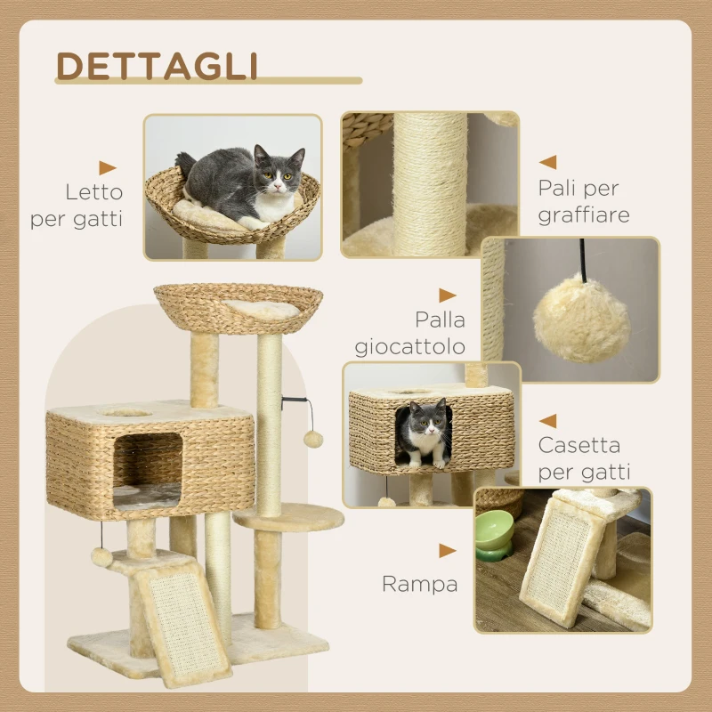 PawHut Albero Tiragraffi per Gatti con Casetta, Trespolo e Pallina, in Legno e Poliestere, 60x40x98 cm, Marrone e Beige