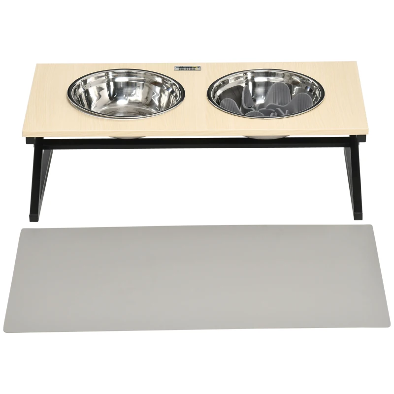 PawHut Comedero Elevado para Perros con 2 Cuencos de Acero Inoxidable Tapete y Alimentador Lento 60x30x18,5 cm Roble