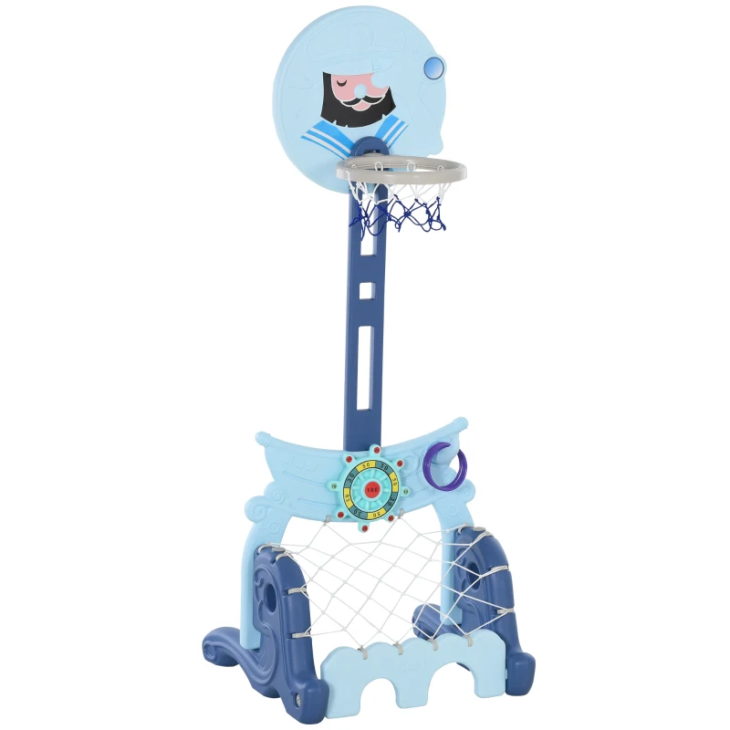 HOMCOM Basketballständer Set 4-in-1 Kinder Basketballkorb Sportaktivitätscenter Fußball- /Golfspiel für 3-6 Jahre Kinder höhenverstellbar Blau 58 x 56 x 154 cm