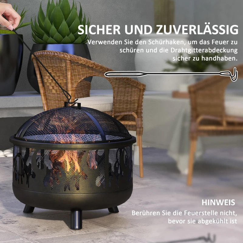 Outsunny Feuerschale Feuerstelle, inkl. Funkenschutz, 1 Schürhaken, Ø61,5 cm x 52 cm, Schwarz(m-5)
