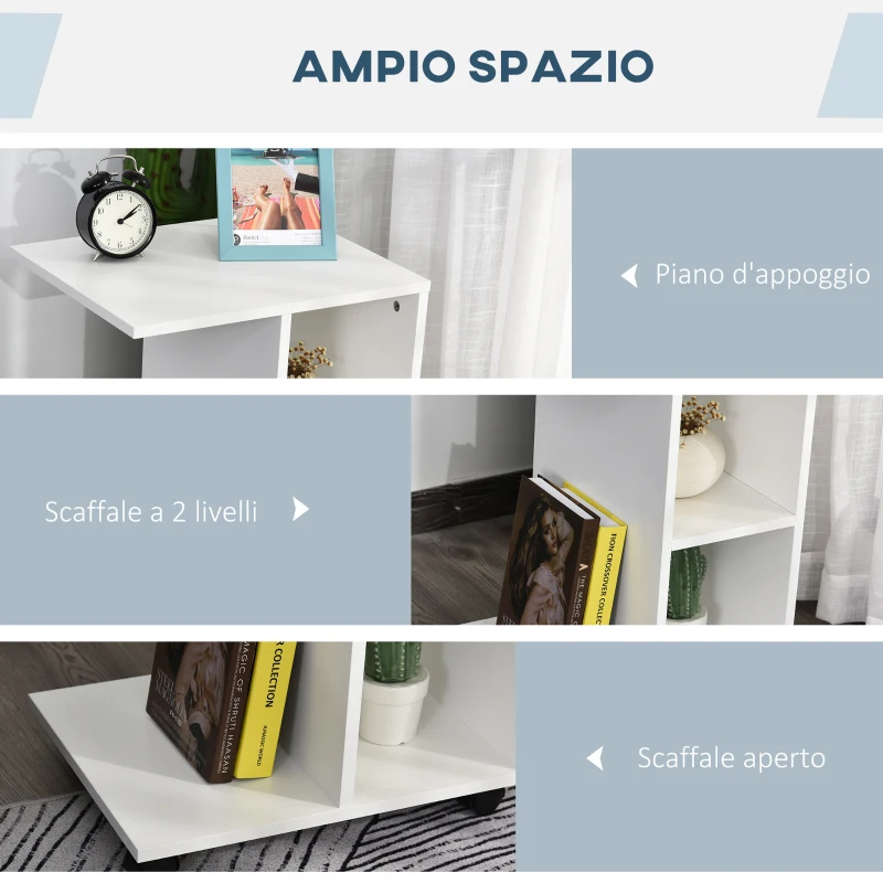 HOMCOM Tavolino da Salotto a C con 2 Ripiani Aperti e 4 Ruote Girevoli, in MDF e PE, 45x35x58 cm, Bianco
