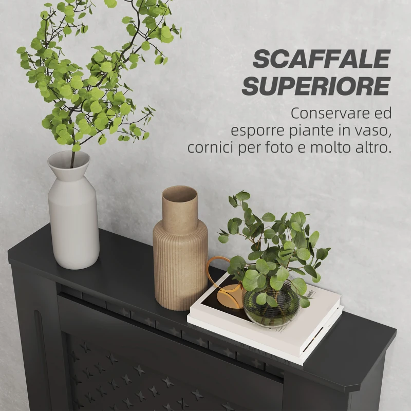 HOMCOM Copritermosifoni in Legno MDF Traforato a Croce con Ripiano e Fissaggio a Muro, 78x19x82 cm, Nero