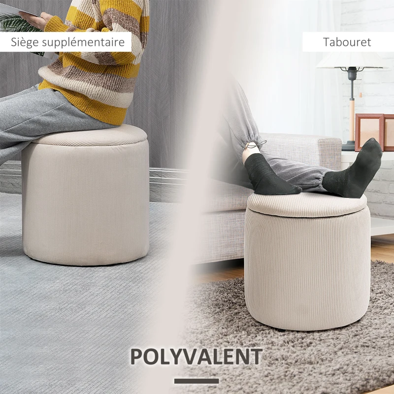 HOMCOM Lot de 2 poufs tabourets repose-pieds coffre de rangement en tissu aspect velours côtelé Ø40 cm et Ø30 cm, crème