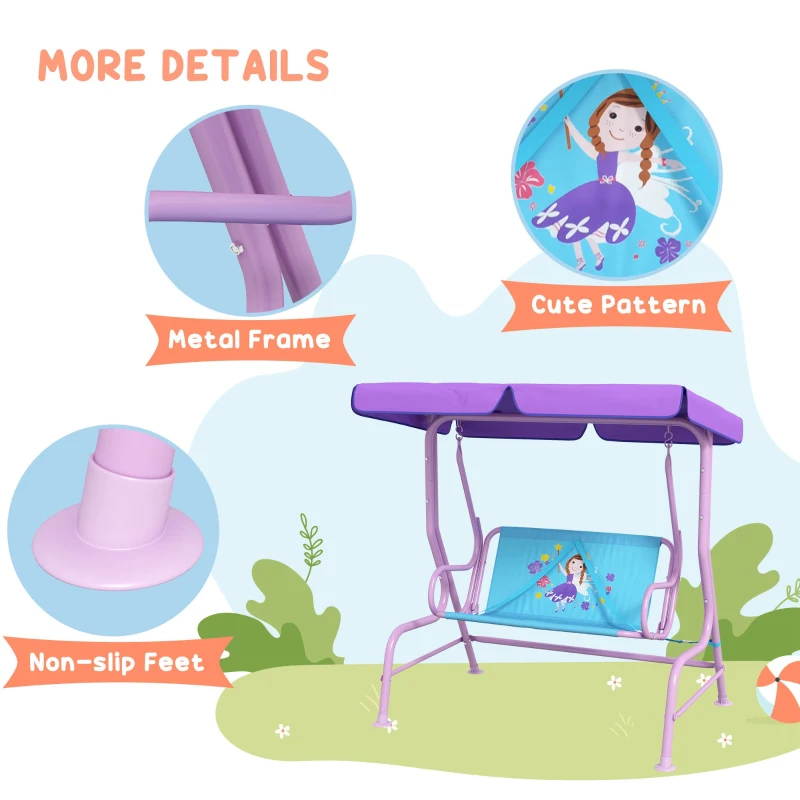 Outsunny Two Seater Kids Garden Swing, Fairy Themed kids Swing Chair with Adjustable Canopy, Safety Belts for Outdoor Use