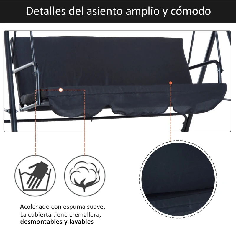 Outsunny Balancín de Jardín con Techo Ajustable en Ángulo Carga Máx. 200 kg Acero 172x110x153 cm Negro