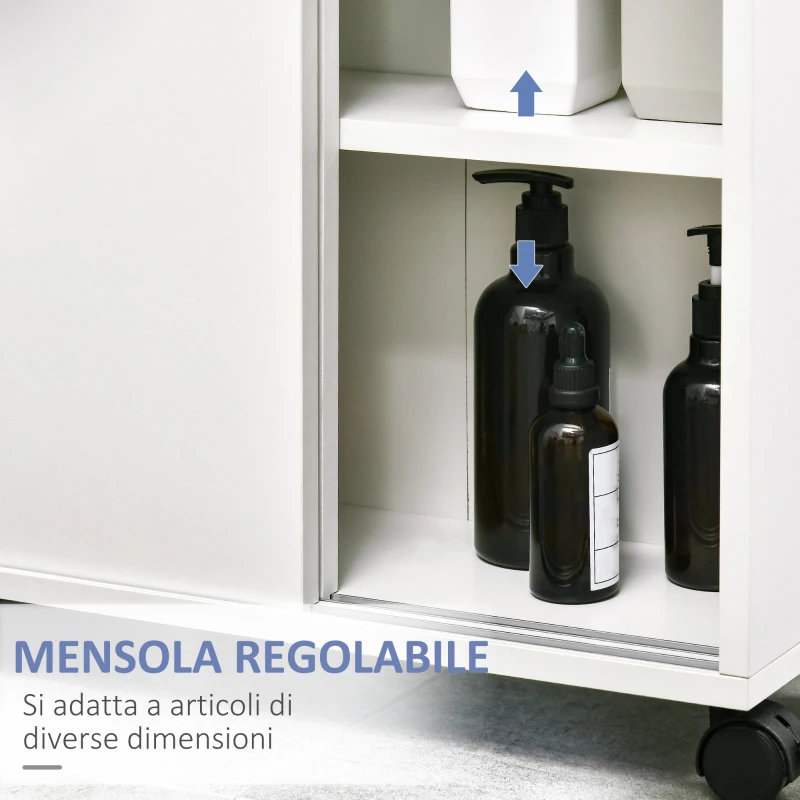 kleankin Mobiletto Bagno con Porte Scorrevoli, Ripiano Regolabile e 4 Ruote in Truciolato e Lega di Alluminio, 70x20x71cm