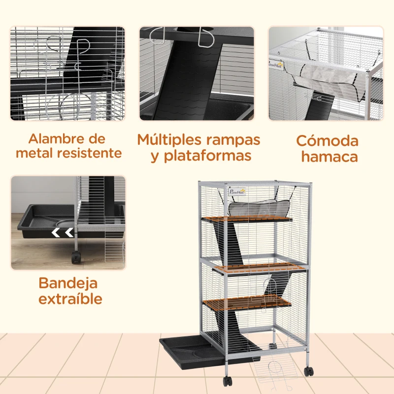 PawHut Jaula para Animales Pequeños con Ruedas 2 Puertas 3 Rampas Hamaca Colgante y Bandeja Extraíble 52x52x113,5cm Gris