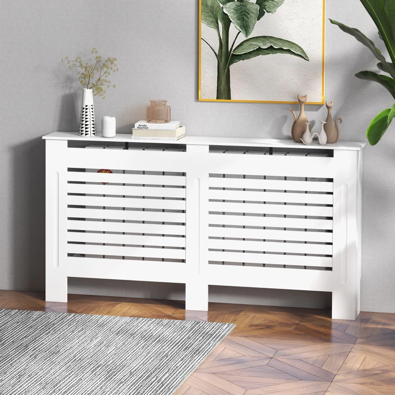 HOMCOM Radiator Cover, Modern MDF White Painted Cabinet with Horizontal Slats for Living Room, Bedroom, 152L x 19W x 81H cm