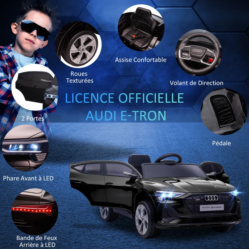 HOMCOM Voiture électrique enfants sous Licence Audi e-tron Sportback, véhicule électrique 12V Max. 5 Km/h avec télécommande 2,4G, phares LED, musique, klaxon, port USB, MP3, noir