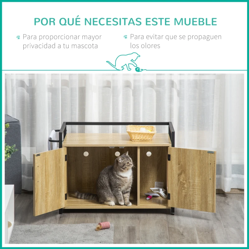 PawHut Casa para Gatos de Madera Mueble Arenero para Gatos 2 en 1 con Armario de Almacenaje Encimera Amplio 2 Puertas Orificio de Entrada Lateral y Barra de Colgar 82,3x51x54 cm Natural