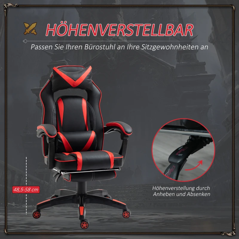 Vinsetto Gaming-Stuhl Bürostuhl Drehstuhl Chefsessel mit Fußstütze Rückenlehne Kissen verstellbar Kunstleder Rot+Schwarz 65x64x114-123,5 cm
