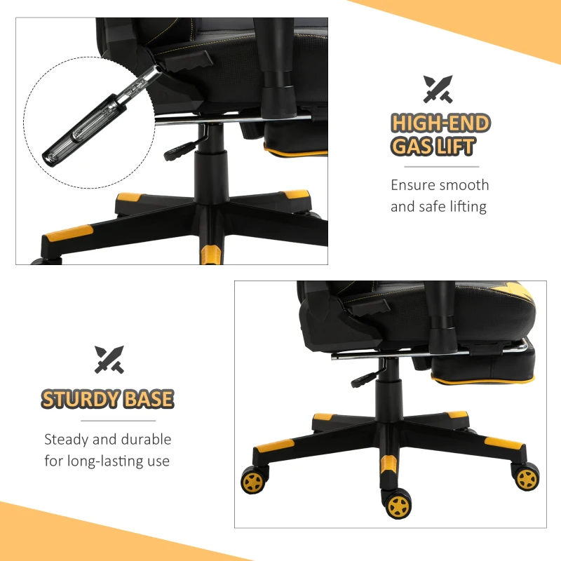 Vinsetto High-Back Gaming Chair Swivel Home Office Computer Racing Gamer Desk Chair Faux Leather with Footrest, Wheels, Black Yellow