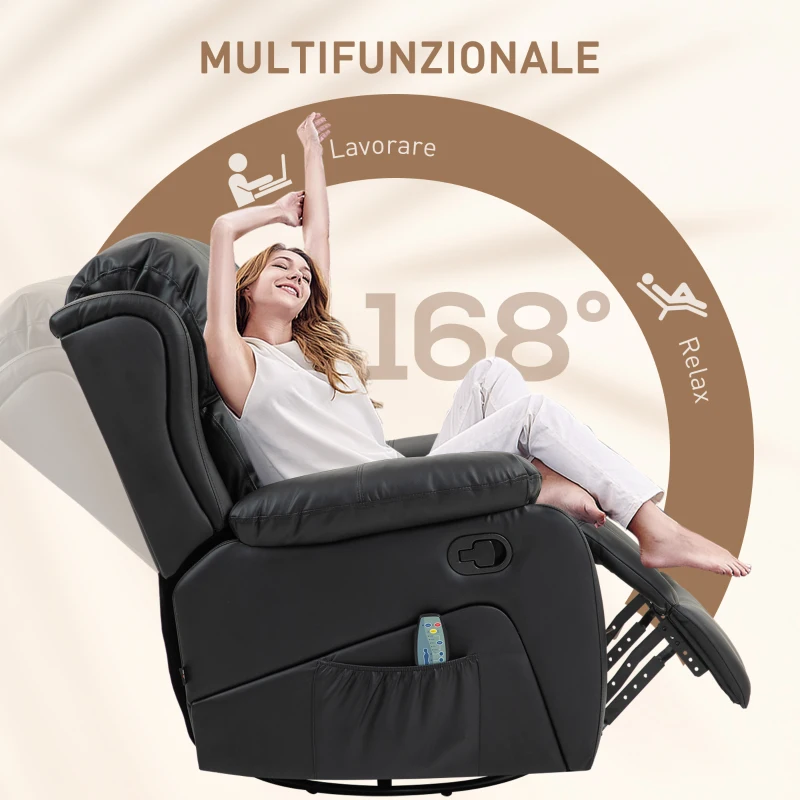HOMCOM Poltrona Relax Reclinabile con 8 Punti Massaggianti, in Finta Pelle e Acciaio, 97x92x104 cm, Nero