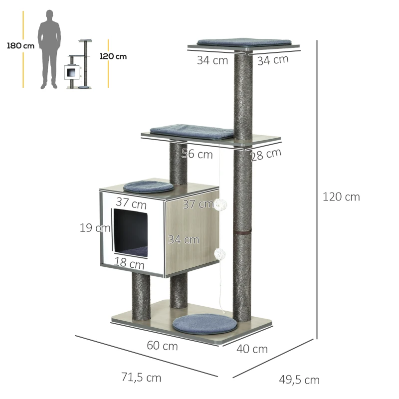 PawHut Árbol Rascador para Gatos de Madera 71,5x49,5x120 cm Torre de Gato con Cueva Plataformas Postes Rascadores Cojines Gris
