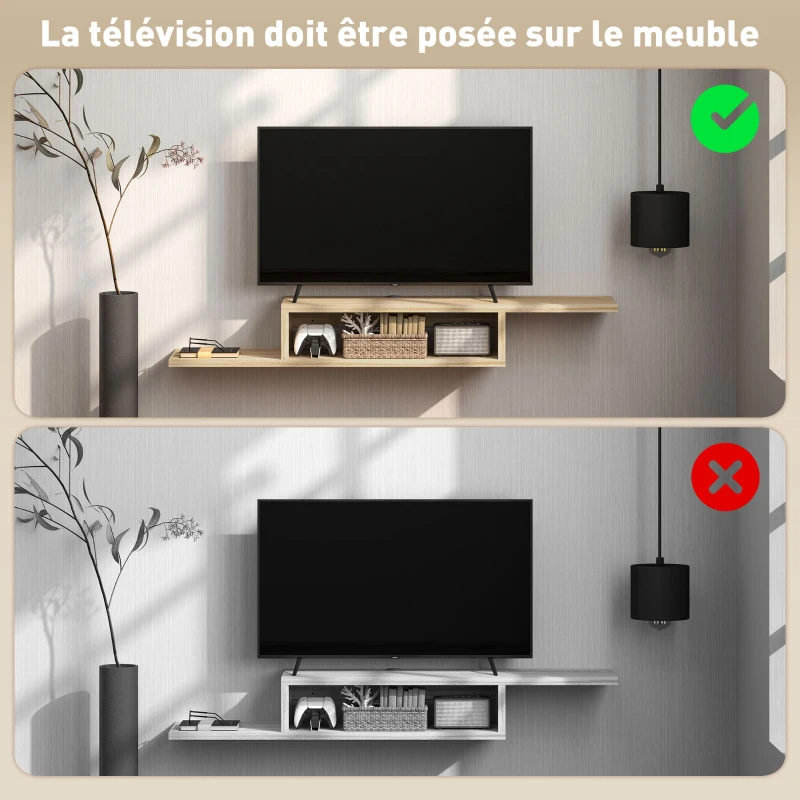HOMCOM Meuble TV mural flottant suspendu support TV - étagère murale flottante - niche, passe-fils - chêne clair