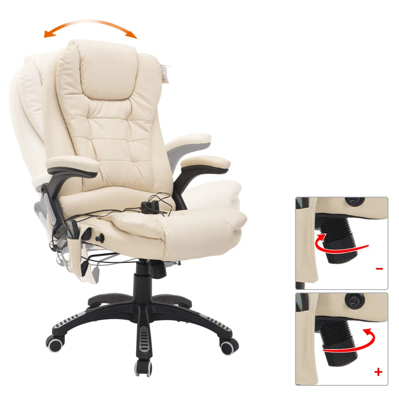 HOMCOM Silla de Oficina Regulable en Altura Reclinable 135° Basculante Con Calefacción Masaje con 5 Programas y 6 Puntos Vibratorios Carga 120 kg 62x68x111-121cm Amarillo Crema