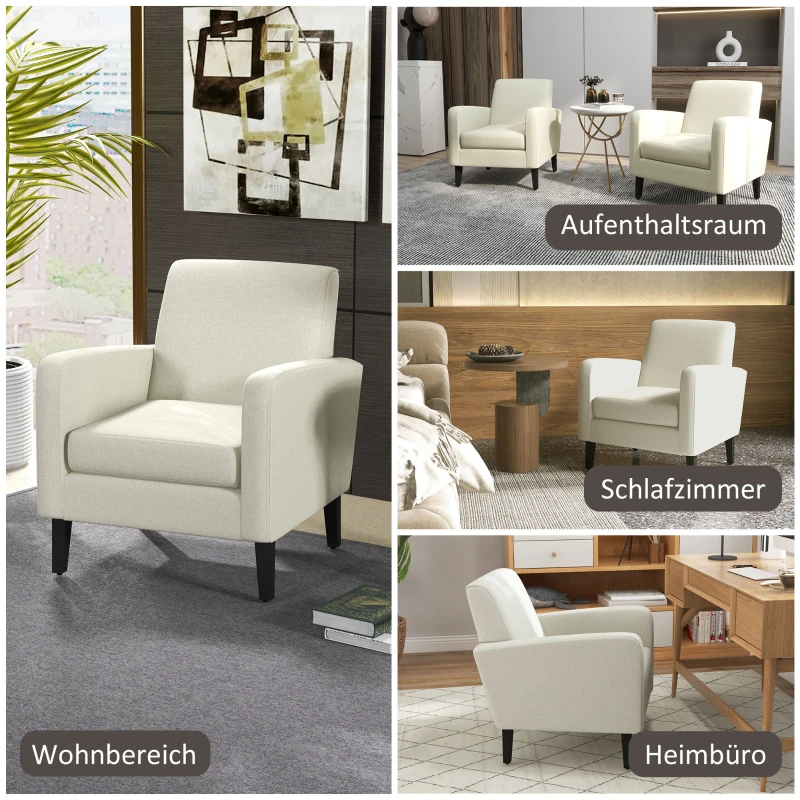 HOMCOM Einzelsessel, Relaxsessel, Polstersessel mit Holzfüßen, Stoff in Leinenoptik, 66 x 72 x 74 cm, Cremeweiß
