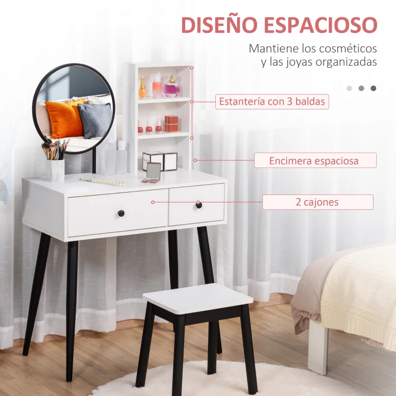 HOMCOM Juego Tocador de Maquillaje con Taburete Espejo Redondo 2 Cajones de Almacenaje y 3 Estantes Mesa de Maquillaje para Dormitorio Vestidor 80x42x131 cm Blanco