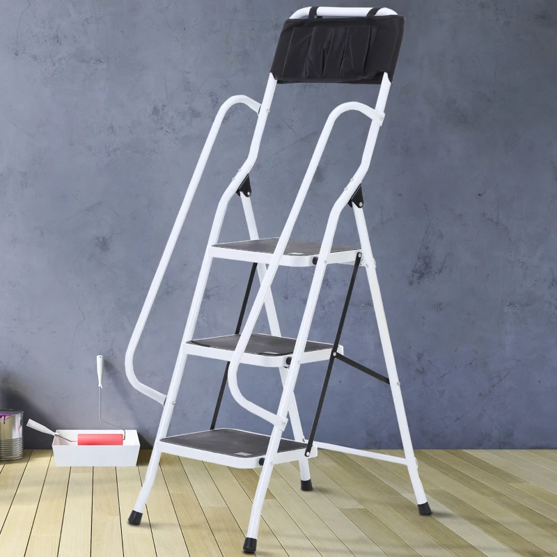 HOMCOM Escalera Plegable de 3 Peldaños Escalera de Tijera con Apoyabrazos y Portaherramientas 51x66x131 cm Blanco y Negro