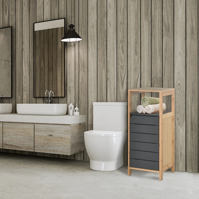 HOMCOM Mobiletto da Bagno Salvaspazio in Bambù, Armadietto da terra con Ripiano per Camera da letto, Grigio