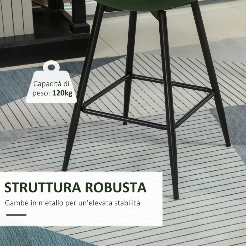 HOMCOM Set 2 Sgabelli da Bar con Schienale e Poggiapiedi Stile Nordico in Metallo e Velluto, Verde, 45x47x84cm
