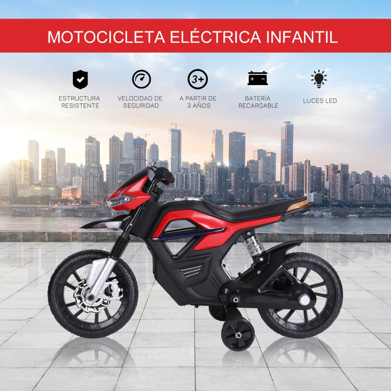 HOMCOM Moto Eléctrica Infantil Moto de Juguete Niños +3 Años Batería 6V con Luces y Música 105x52,3x62,3cm Rojo