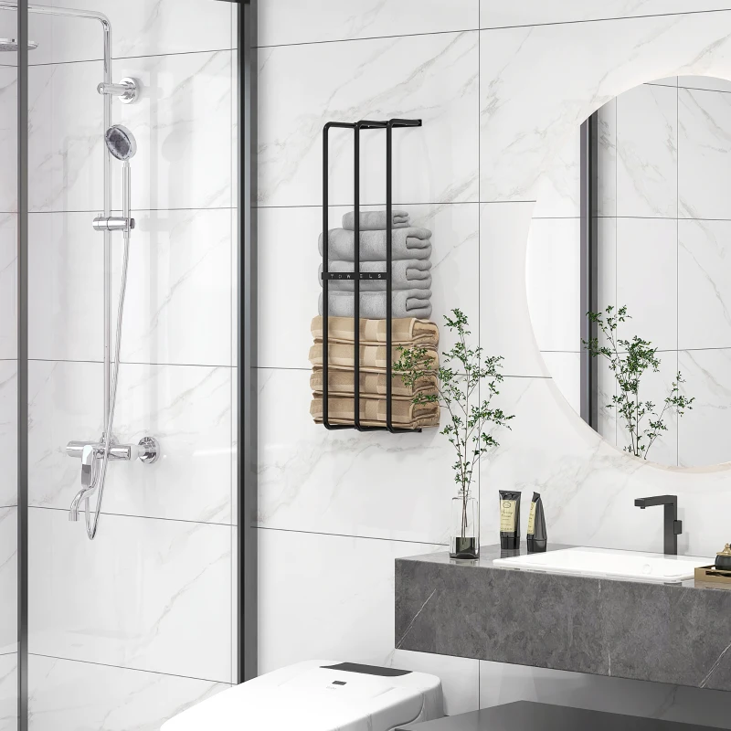 HOMCOM Toallero de Pared con 3 Barras y Marco de Metal Soporte de Toallas para Hotel 21x12x74 cm Negro