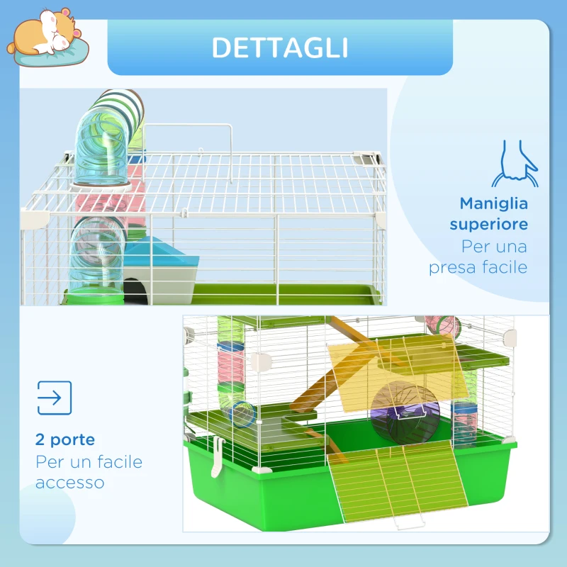PawHut Gabbia Criceti a 5 Livelli con Tubi, Casetta, Serbatoio e Ruota, in Acciaio, PP e PS, 59x36x69 cm, Verde e Bianca