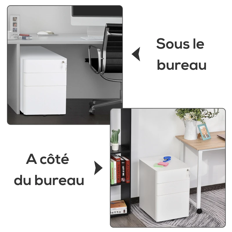 Vinsetto Caisson de bureau rangement bureau sur roulettes 3 tiroirs coulissants verrouillables trieur à dossiers dim. 39L x 48I x 59H cm acier blanc