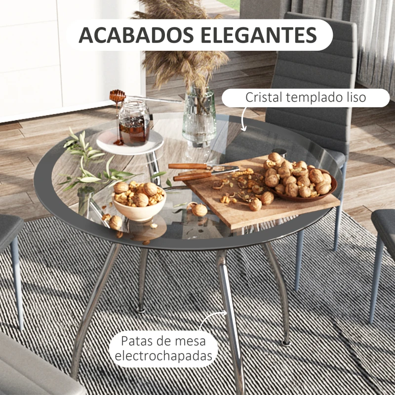 HOMCOM Conjunto Mesa y 4 Sillas de Comedor 5 Piezas Mesa Redonda de Vidrio Templado y 4 Sillas con Patas de Acero Gris