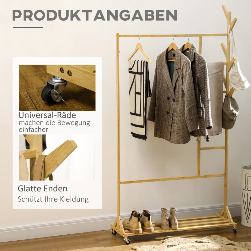 HOMCOM Garderobe aus Bambus, Kleiderhaken, Kleiderstange, Hosenständer, 1 Ablage, 4 Rollen, Natur