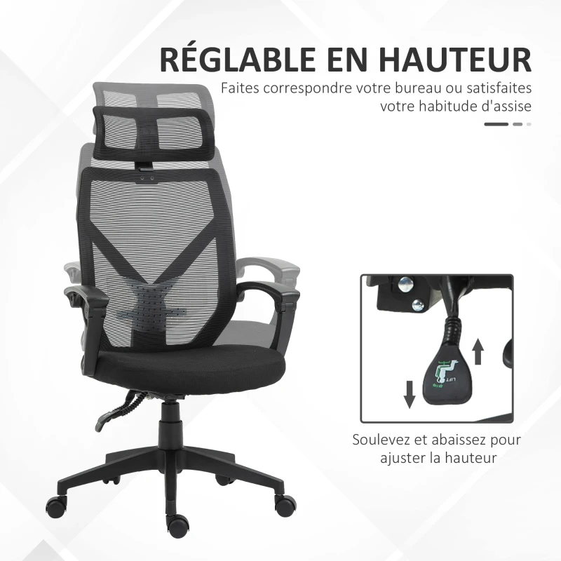 HOMCOM Fauteuil de bureau manager grand confort dossier ergonomique inclinable hauteur assise réglable pivotant tissu maille noir