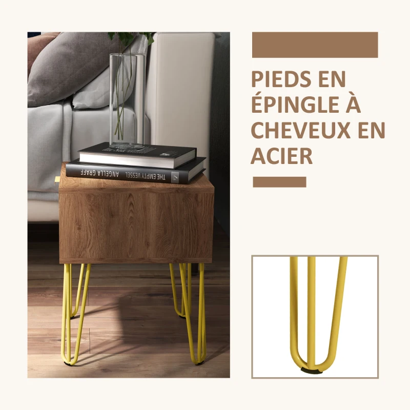 HOMCOM Table de chevet table de nuit avec tiroir table d'appoint en bois - pieds en épingle acier doré 39,5L x 41l x 49H cm