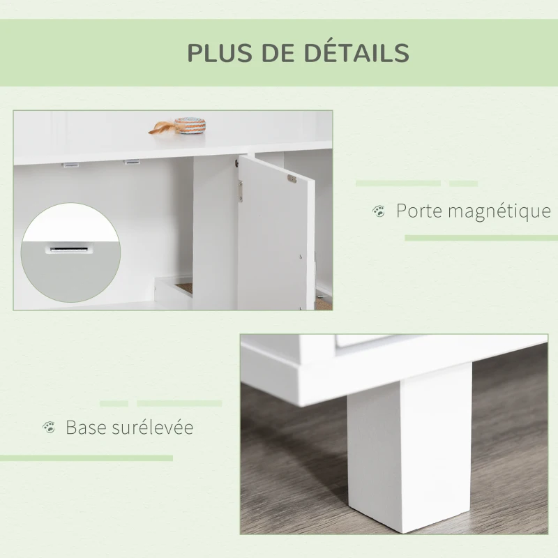 PawHut Maison de toilette pour chat, meuble 2 portes, compartiment griffoir, table d'appoint, 50,5H x 91L x 52l cm, MDF, blanc