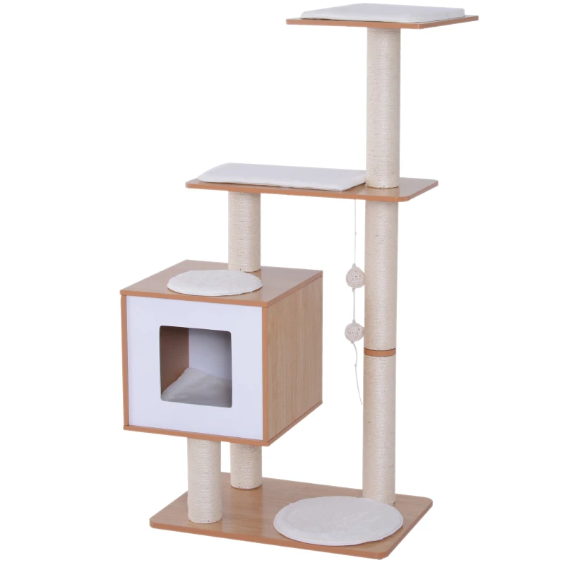 PawHut Arbre à chats design contemporain griffoirs grattoirs sisal naturel centre d'activités niche plate-formes jeu boules suspendues 71,5L x 49,5l x 120H cm MDF hêtre clair