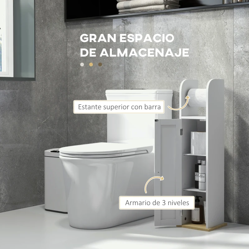 kleankin Armario de Baño con Soporte para el Papel Higiénico y Armario de 3 Compartimentos 20x20x80 cm Blanco