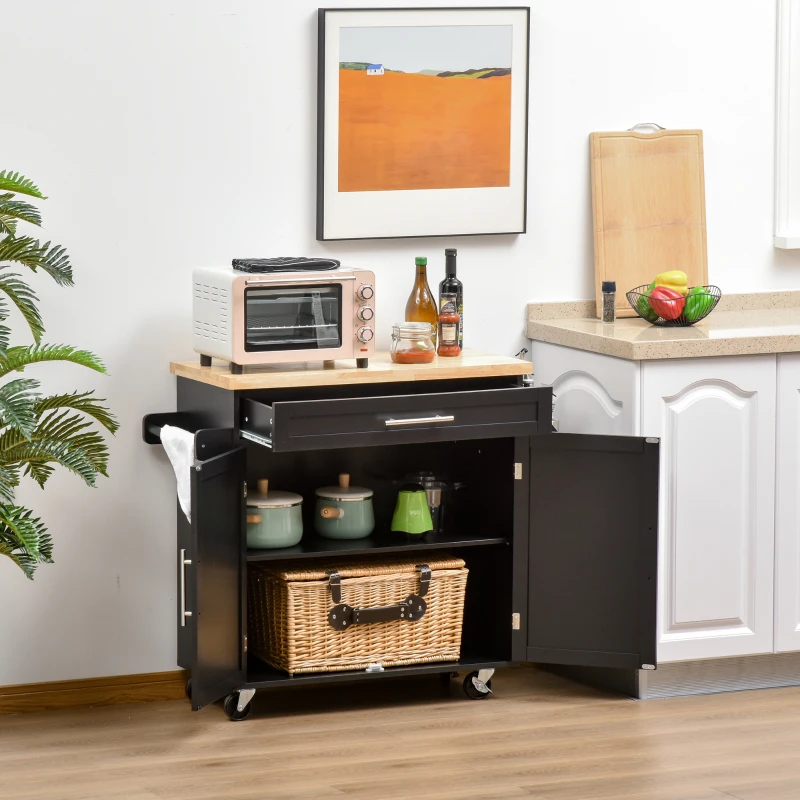 HOMCOM Carrello da Cucina Multiuso con Cassetto, Ruote, Portaspezie e Armadietto, Mobiletto Cucina con Ripiano Regolabile, Portasciugamani e Piano in Legno di Caucciù, 109x40x89 cm, Nero