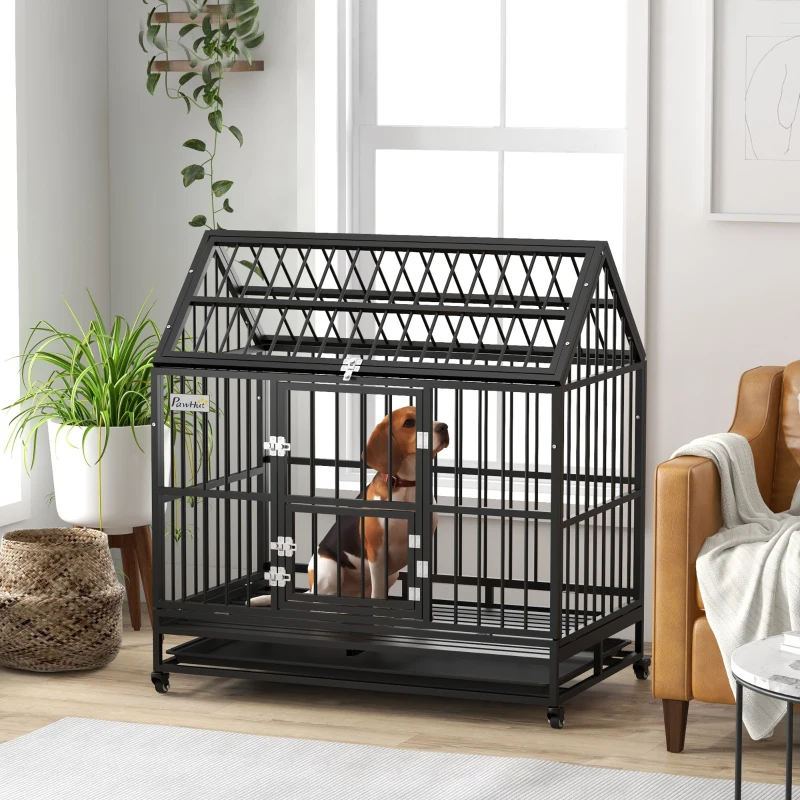 PawHut Jaula para Perros 123x74x125 cm con Ruedas Bandeja Extraíble Cerraduras 2 Puertas Frontal y 1 Puerta en Techo Negro