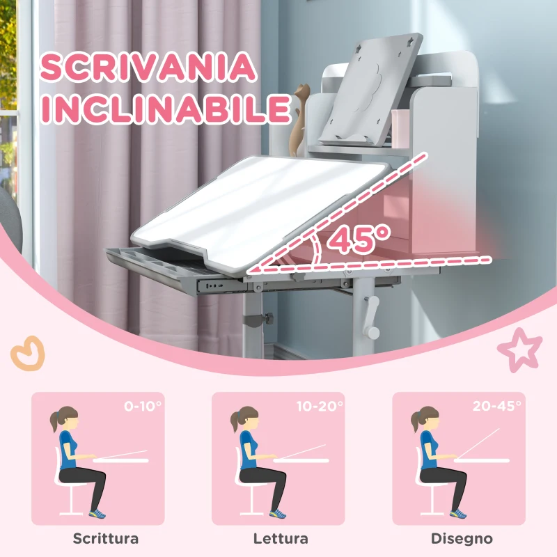 AIYAPLAY Set Scrivania e Sedia per Bambini Regolabili, Banco Scuola con Piano Inclinabile, Cassetto, Scaffale, Grigio