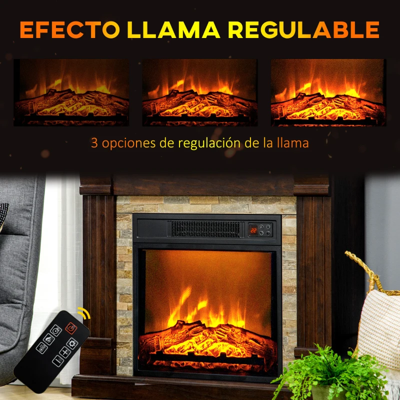 HOMCOM Chimenea Eléctrica 1800W Calentador de Chimenea con Efecto de Llama Mando a Distancia Temporizador 80x21,6x67,8cm Marrón