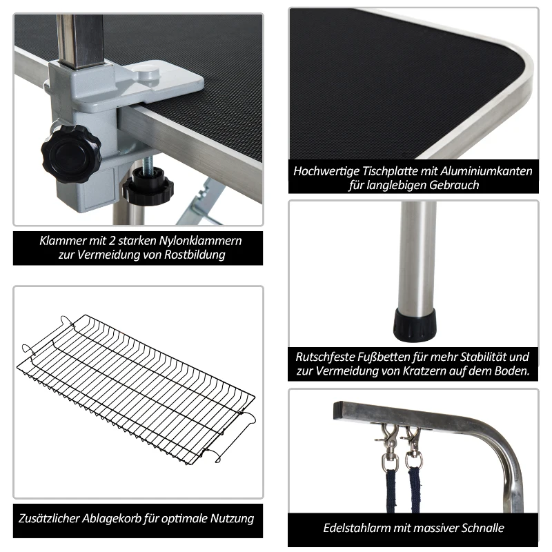 PawHut Trimmtisch Tierpflegetisch Schertisch mit Korb Hundepflegetisch klappbar Hundefriseurtisch Hunde Badetisch höhenverstellbar Edelstahl Schwarz