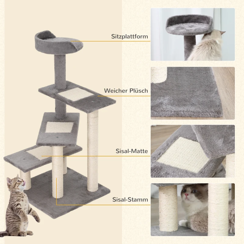 PawHut Kletterbaum Katzenbaum Spielbaum Katzenkratzbaum Treppe 5 Schichte Beige Grau 48,5 x 48,5 x 100 cm (LxBxH)