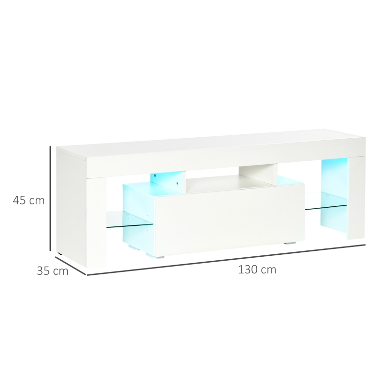 HOMCOM Fernsehtisch TV Schrank mit RGB-Lichtleisten TV-Kommode Schrankelement mit verstellbaren Glasböden offenen Einlegeböden und 1 Schublade Fernbedienung MDF Spanplatte Weiß 130 x 35 x 45 cm