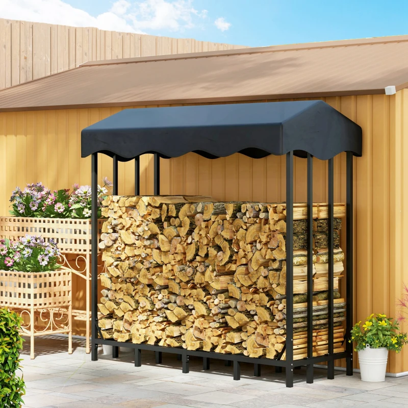 Outsunny Leñero con Cubierta Soporte para Leña para Exterior con Estructura Reforzada 143x70x145 cm Negro