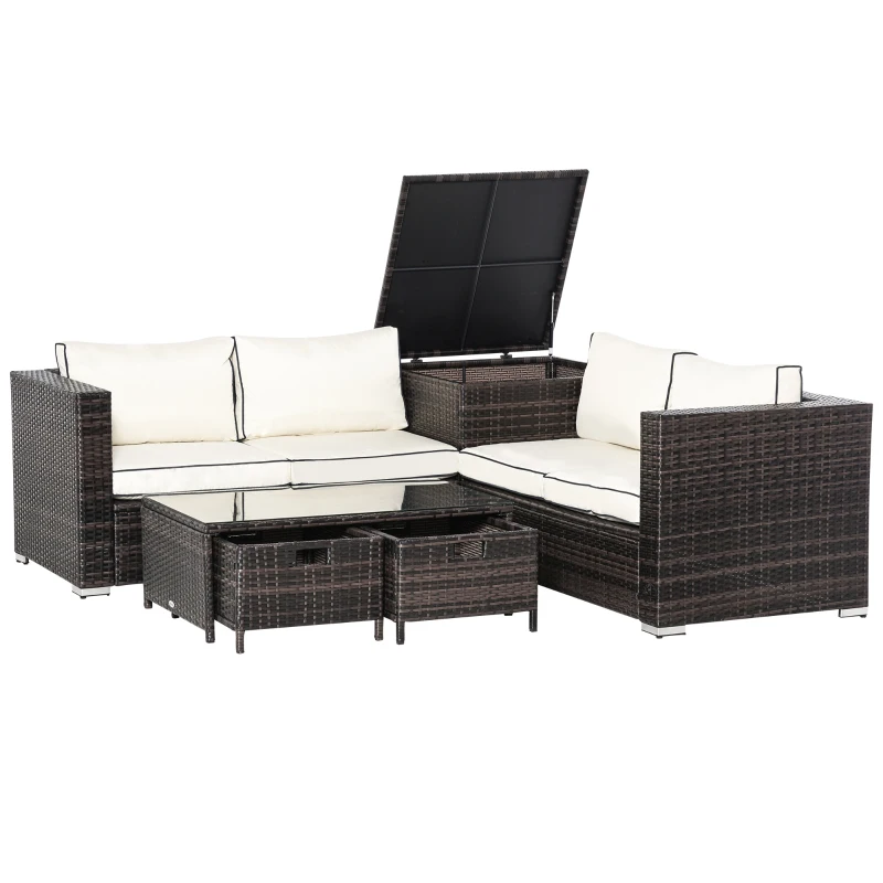 Outsunny 4 Pieces Rattan Garden Furniture Set, 4 Seater Corner Sofa Set with Storage Box, 2 Drawers Coffee Table, Loveseats with Cushions, Wicker Garden Conservatory Furniture for Balcony, Brown