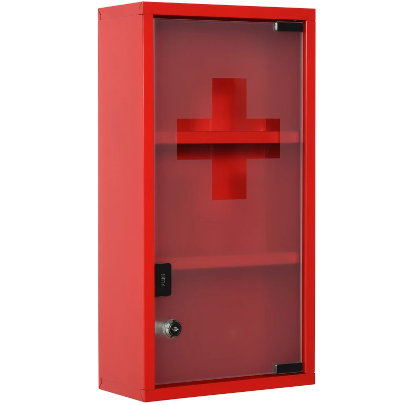kleankin Armoire à Pharmacie 2 étagères 3 Niveaux verrouillable Porte Verre trempé dépoli Logo Croix 25L x 12l x 48H cm métal Rouge