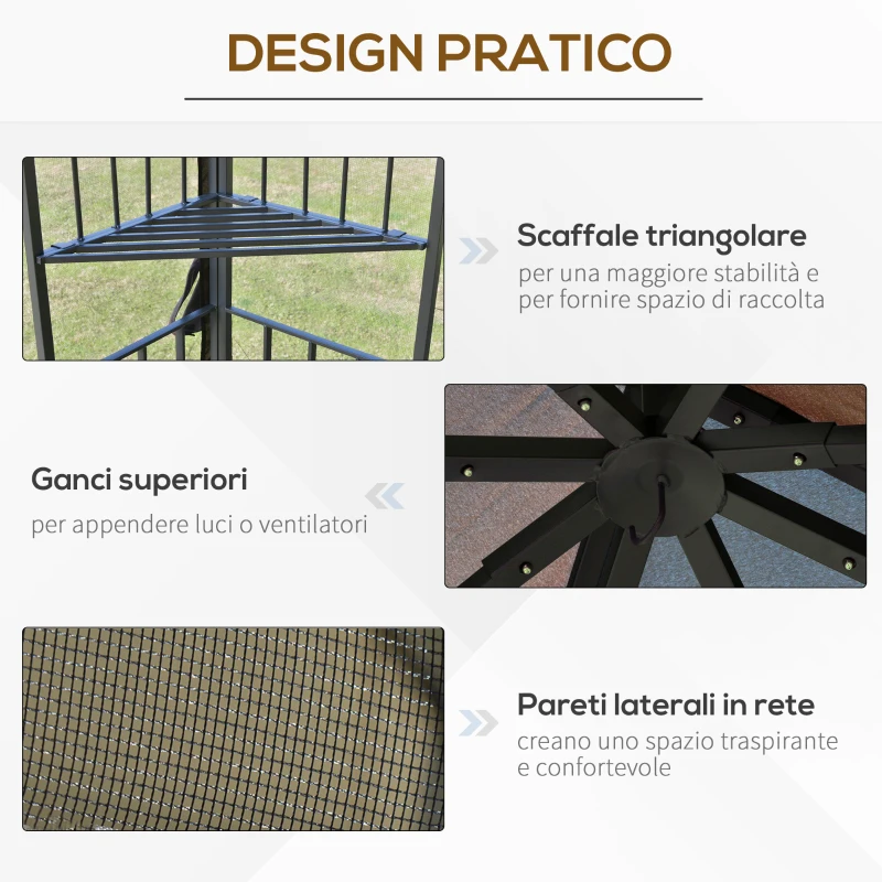 Outsunny Gazebo da Giardino 3x3m con Zanzariera e Tetto a 2 Livelli, Mensole Laterali e Ganci, Caffè