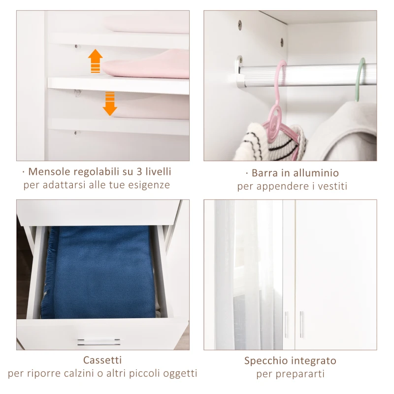 HOMCOM Armadio Moderno Guardaroba 2 Ante con Specchio e 3 Cassetti, Mensole Regolabili e Barra Appendiabiti, 80x50x180cm, Bianco