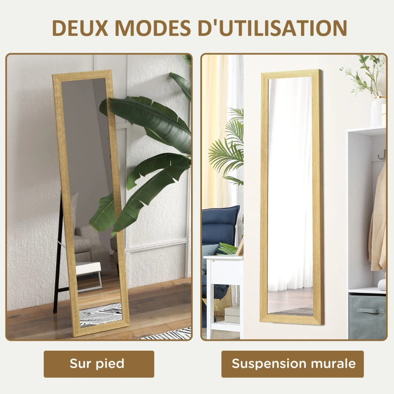 HOMCOM Miroir sur pied mural ou à poser rectangulaire avec cadre en bois pour salon chambre à coucher 37 x 155 cm marron clair