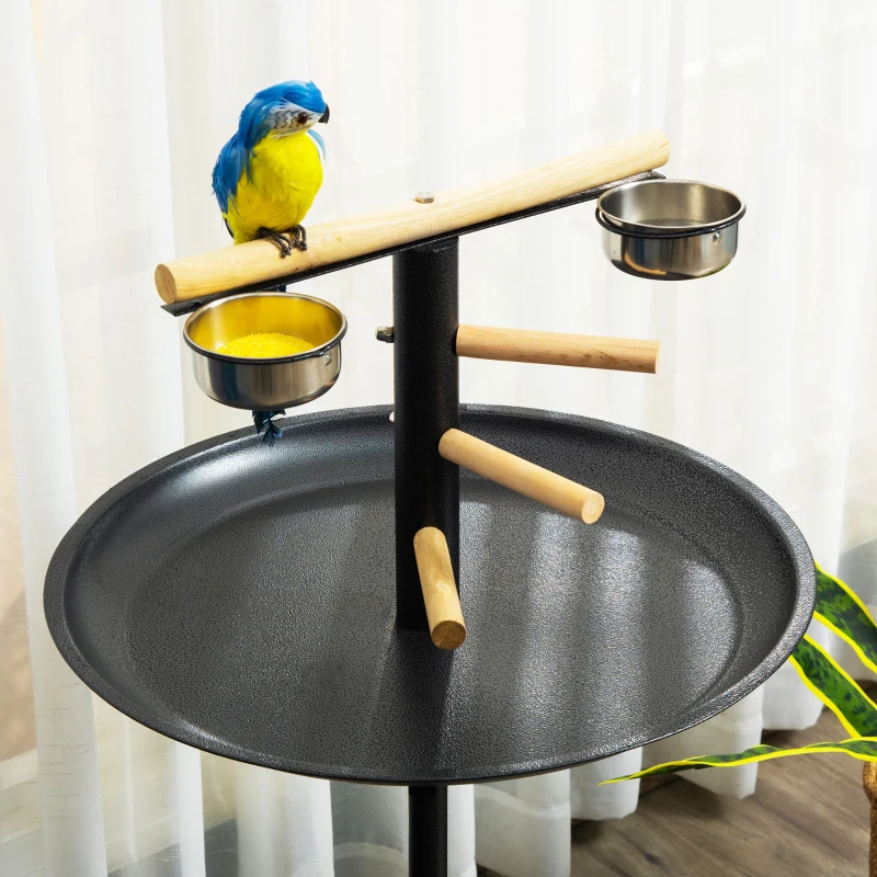 PawHut Parrot Perch Stand, Large Bird Play Stand, Metal Bird Table Feeder Station with Stainless Steel Bowls, Four Wheels, Round Tray, Black